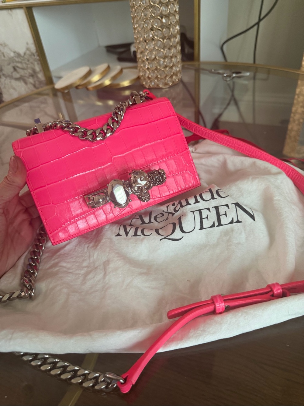Alexander McQueen Neon Pink Croc-Embossed Jeweled Mini Crossbody